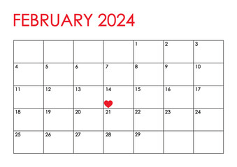 February 2024 month calendar. Simple design in red and black colors and a heart marking Valentine's Day on February 14th