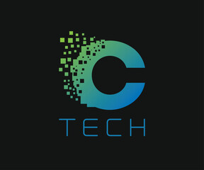 Pixel Letter C Blue Gradient Color Creative Technology type Logo