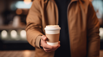 Person is holding a takeaway coffee cup in their hand, focusing on the cup with a blurred caf? background.