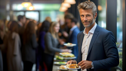 Attractive businessman in suit in office cafeteria at lunch time