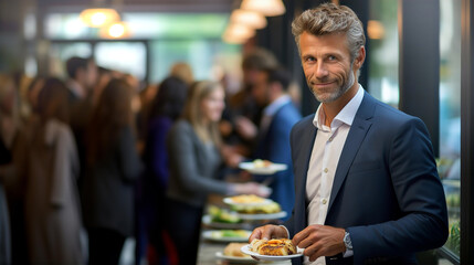 Attractive businessman in suit in office cafeteria at lunch time  - Powered by Adobe
