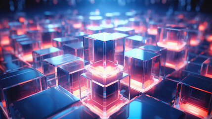 Abstract futuristic background with cubes and neon lights. Technology, big data, digital and AI concept - obrazy, fototapety, plakaty