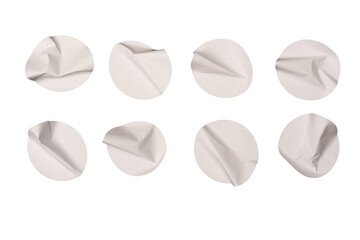 Round white stickers, blank tags labels isolated on a white background.