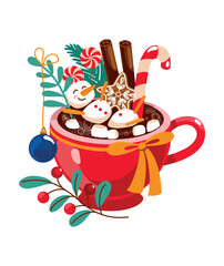 Christmas cocoa with marshmallows in the shape of a snowman.  Cute christmas print. Vector.