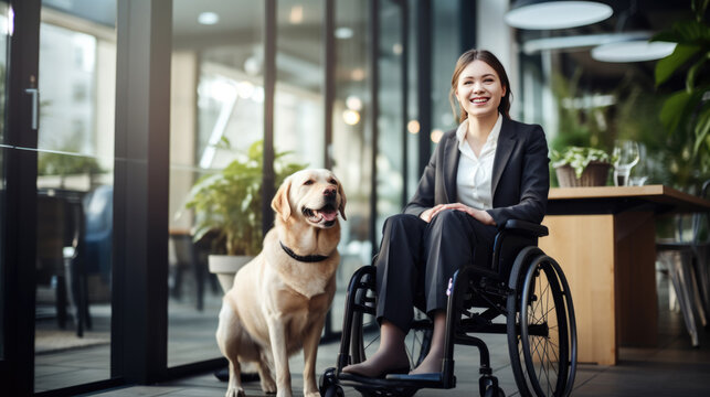 Happy woman in a wheelchair with a joyful service dog by her side in company office.