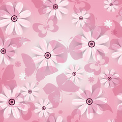 Vector seamless gentle spring pink pattern with daisies and butterflies