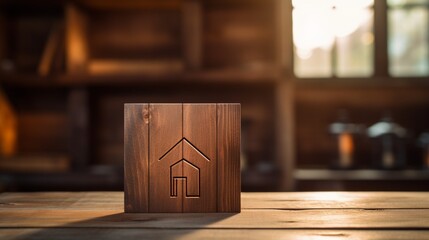 A wooden sign with a house icon rests on a textured wood table. 