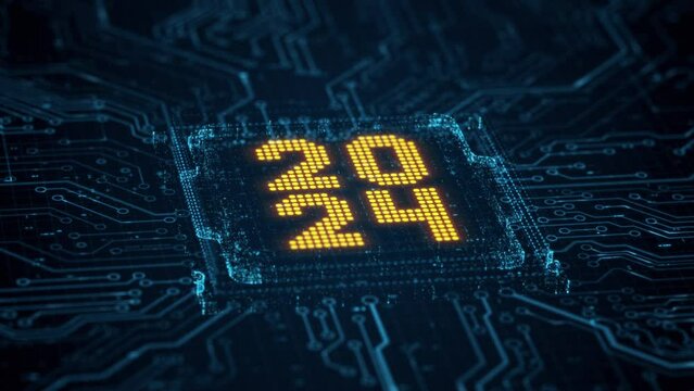 2024 on circuit board or PCB motherboard with cpu. Computer technology and internet communication digital abstract background. Happy new 2024 year. Artificial intelligence AI neural network concept