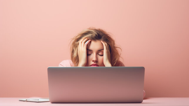 Stressed woman, sitting at a desk, holding her head in her hands against pink background