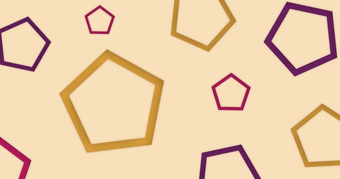 Abstract background of flat rotating and moving pentagon outline rings. Multicolor animated outline shape background. Seamless looped motion graphics background orange pink purple color.