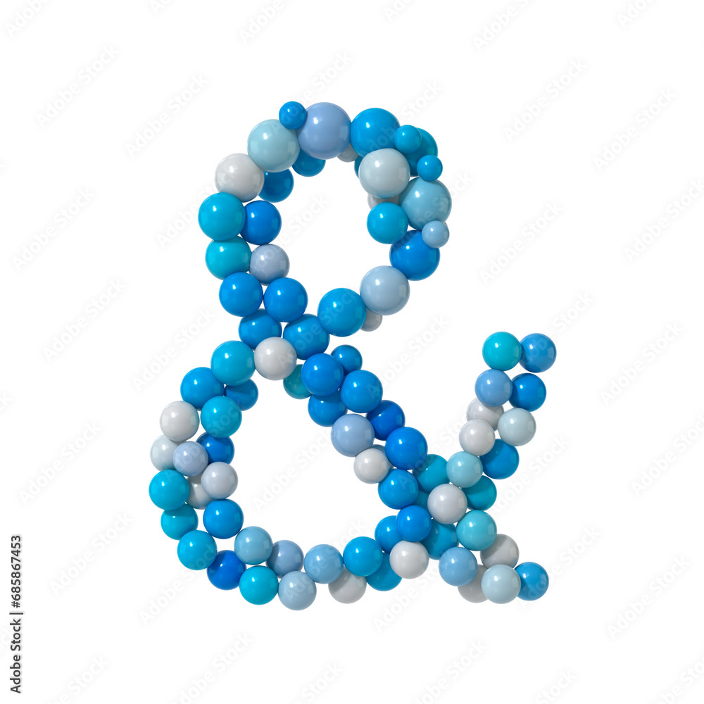 Poster multicolored particle sphere style ampersand symbol isolated on white background. 3d rendering
