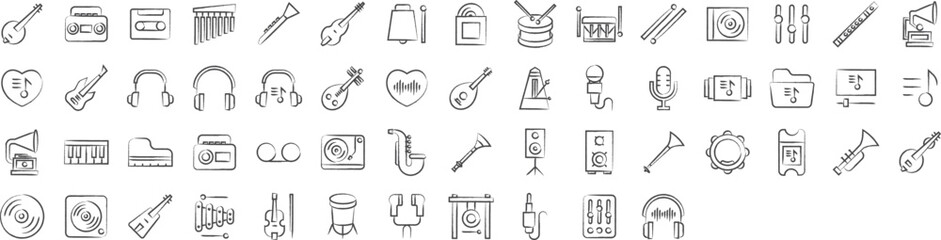 Music instrument hand drawn icons set, including icons such as Banjo, Cassette, Drumsticks, Drum, Guitar, and more. pencil sketch vector icon collection