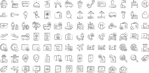 tourism and travel hand drawn icons set, including icons such as trips, Bag, Beach, Bed, Cable car, Coach, Coffee, Fight, and more. pencil sketch vector icon collection