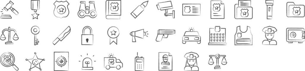 police and military hand drawn icons set, including icons such as Auction, Dossier, Binoculars, Knife, Pistol, Policeman,, and more. pencil sketch vector icon collection
