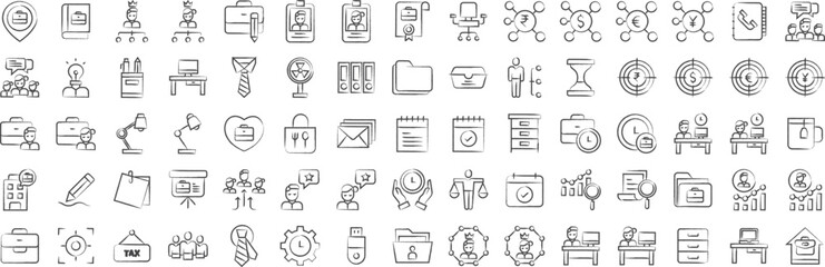 Office worker hand drawn icons set, including icons such as Account, Book, Briefcase, Boss, Convention, Chair, Dress Code,, and more. pencil sketch vector icon collection - obrazy, fototapety, plakaty
