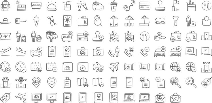 tourism and travel hand drawn icons set, including icons such as trips, Bag, Beach, Bed, Cable car, Coach, Coffee, Fight, and more. pencil sketch vector icon collection
