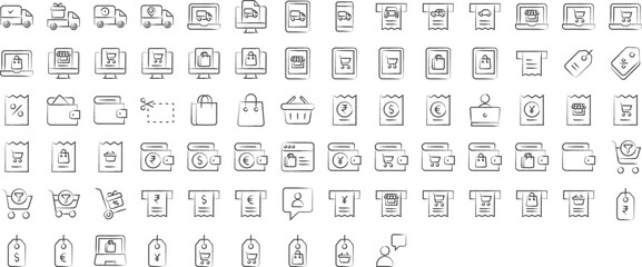 Fototapeta na wymiar Online shopping hand drawn icons set, including icons such as Bag, Delivery Truck, Customer chat,, and more. pencil sketch vector icon collection