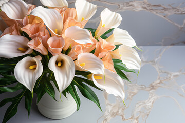 elegant bouquet with calla lilies, delicate flowers, floral background.