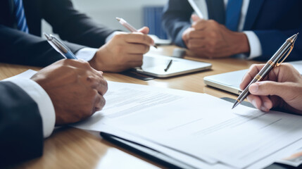 Close-up view of hands signing a document, with multiple individuals engaged in a business meeting around a table.