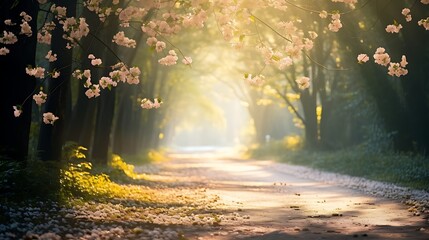 Exquisite blurred perspective of a countryside road in spring, petals strewn, sunlight