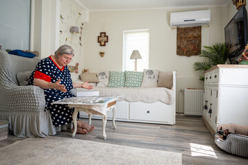 An elderly woman collecting puzzle while sitting in a chair in her bright room at home. Small dog...
