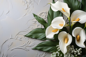 elegant bouquet with calla lilies, white flowers, floral background. whitefly. copy space.