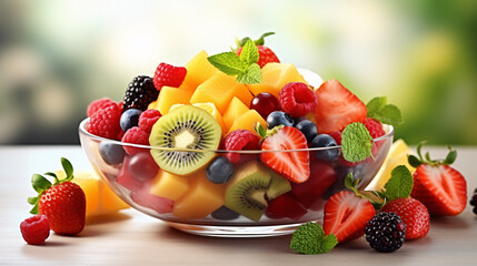 fruit salad in a glass bowl. ingredients. pieces of strawberries, kiwi, mango and blueberries, raspberries.