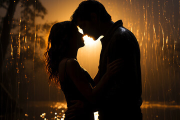 dramatic silhouette of a lucky kissing couple in the rainy evening sunset - obrazy, fototapety, plakaty