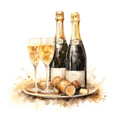 White Background Studio Shot of Bottle of Champagne with Cork Stopper and Wine Glass