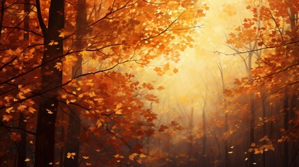 Sunlight filtering through a canopy of fiery, autumn leaves, casting a warm glow.