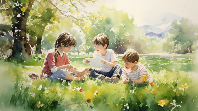 Group of happy children playing together, Watercolors style, AI Generated