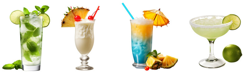 Titre: Set of Exotic Cocktail, Pi&ntilde;a Colada, Margarita, and Mojito on Transparent Background