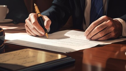 The close-up view showcases the businessman's hand confidently clasped with his lawyers', sealing a major deal with a signed contract in the background.