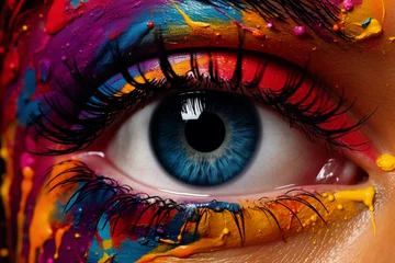 Zelfklevend Fotobehang Vibrant Vision: Blue Eye Surrounded by a Spectrum of Paint Colors © Orlando