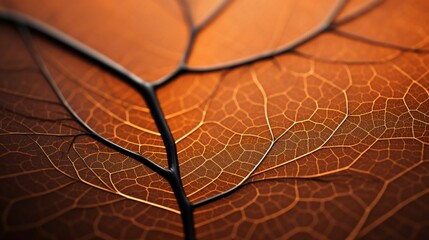 The intricate veins and patterns of an orange leaf illuminated by soft natural light.