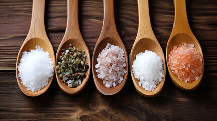 Selection of different salts on wooden spoons on a wooden surface