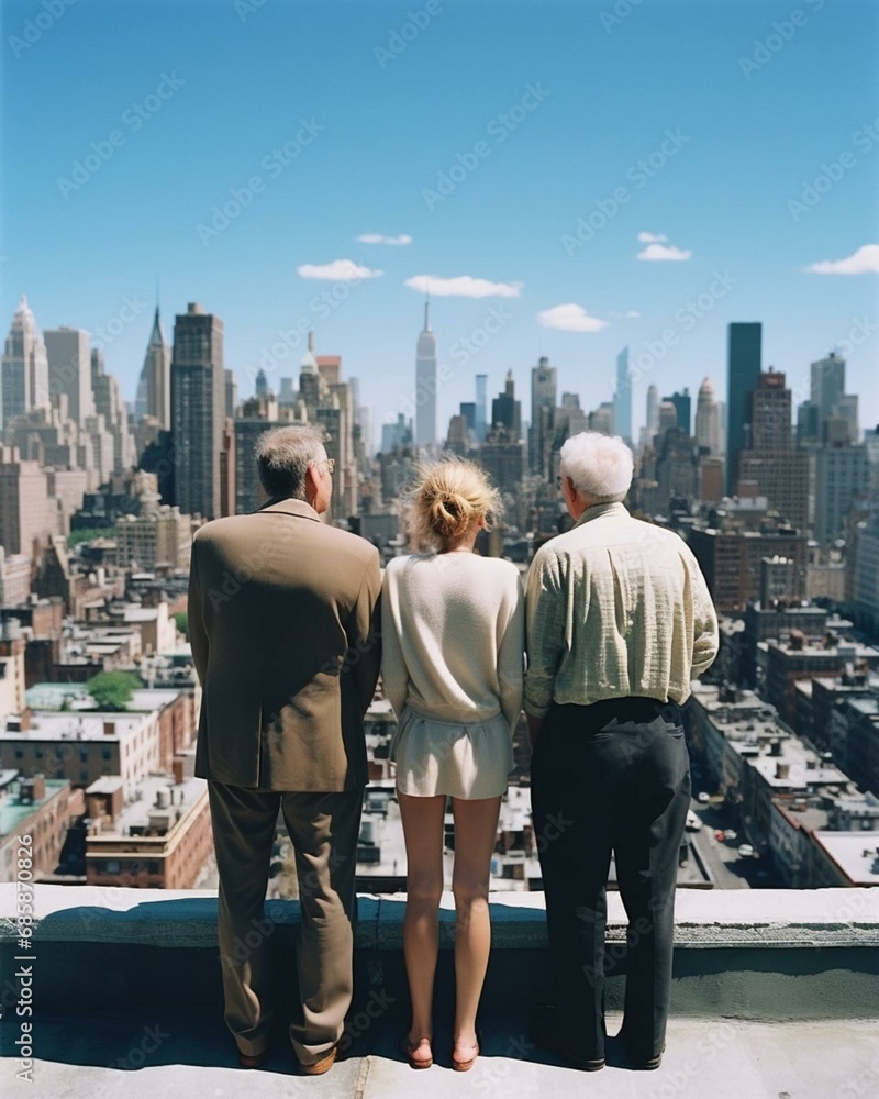 Wall mural Multigenerational group looking out at city from rooftop