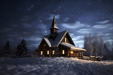 Fototapeta na wymiar A classic wooden church in a snowy landscape under a starry night sky.