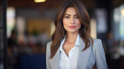Portrait of beautiful young businesswoman with pleasant smile standing at office company, Confident woman looking at camera, Professional female manager leader portrait, AI Generated
