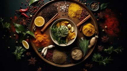 arranged spices, herbs and utensils on the table, color contrast and balance in the composition.