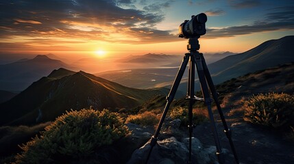 A tripod with a camera, especially in low light conditions during sunset.