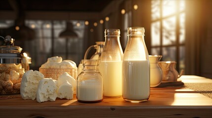 texture of milk bottles and cheese on a white background on a wooden table - obrazy, fototapety, plakaty