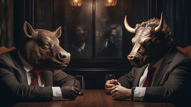 This striking image captures the tension as a bullish trader and a bearish trader, both impeccably dressed, meet head-on in the stock market.