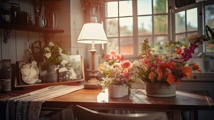the warm, soft light of a summer evening that falls through the window into the kitchen to improve the mood and atmosphere.
