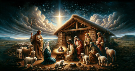 Oil painting representing the holy family. Nativity scene in Bethlehem. Christmas scene illustration showing holy family with Joseph Mary baby Jesus - shepherds and sheep. Comet Star