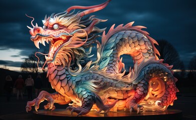 chinese dragon sculpture illuminated with red and blue colors. fire dragon to celebrate the end of the chinese year.