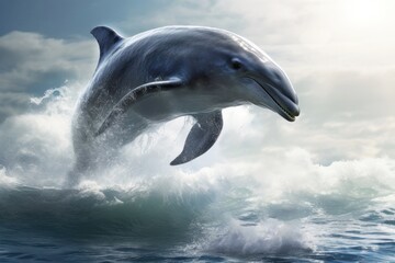 Dolphin jumping out of water with a splash. Animal in its natural habitat. The beauty of nature. Concept of freedom and beauty of wild animals