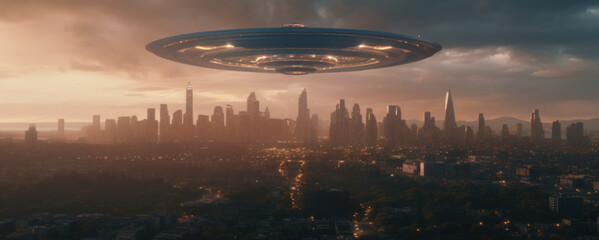 UFO with radiant lights hovering over city under night sky. Futuristic alien spaceship. Copy space. Ideal for projects exploring extraterrestrial themes, science fiction, and unknown. Sci-fi concept.