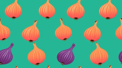 Fototapeta premium Fresh Organic Onion Vegetable Cartoon Horizontal Seamless Background. Healthy Vegetarian Diet. Ai Generated Seamless Background with Delicious Juicy Onion Vegetable Arranged in lines.
