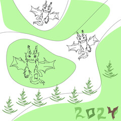 New Year card with 2024 year of the dragon! Chinese horoscope symbol. Green earth dragon logo